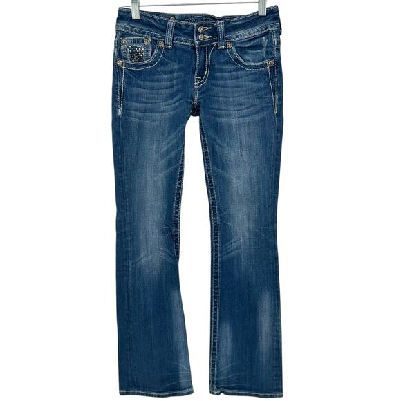 Vintage y2k Women's Low Rise Bedazzled Miss Me Blue Denim Bootcut Jeans Sz 27 - Picture 2 of 10